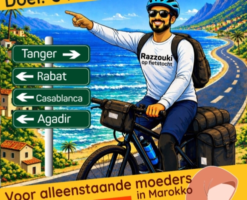 Flyer razzoukiopfietstocht: 1000 km fietsen voor moeders in het Rif-gebied