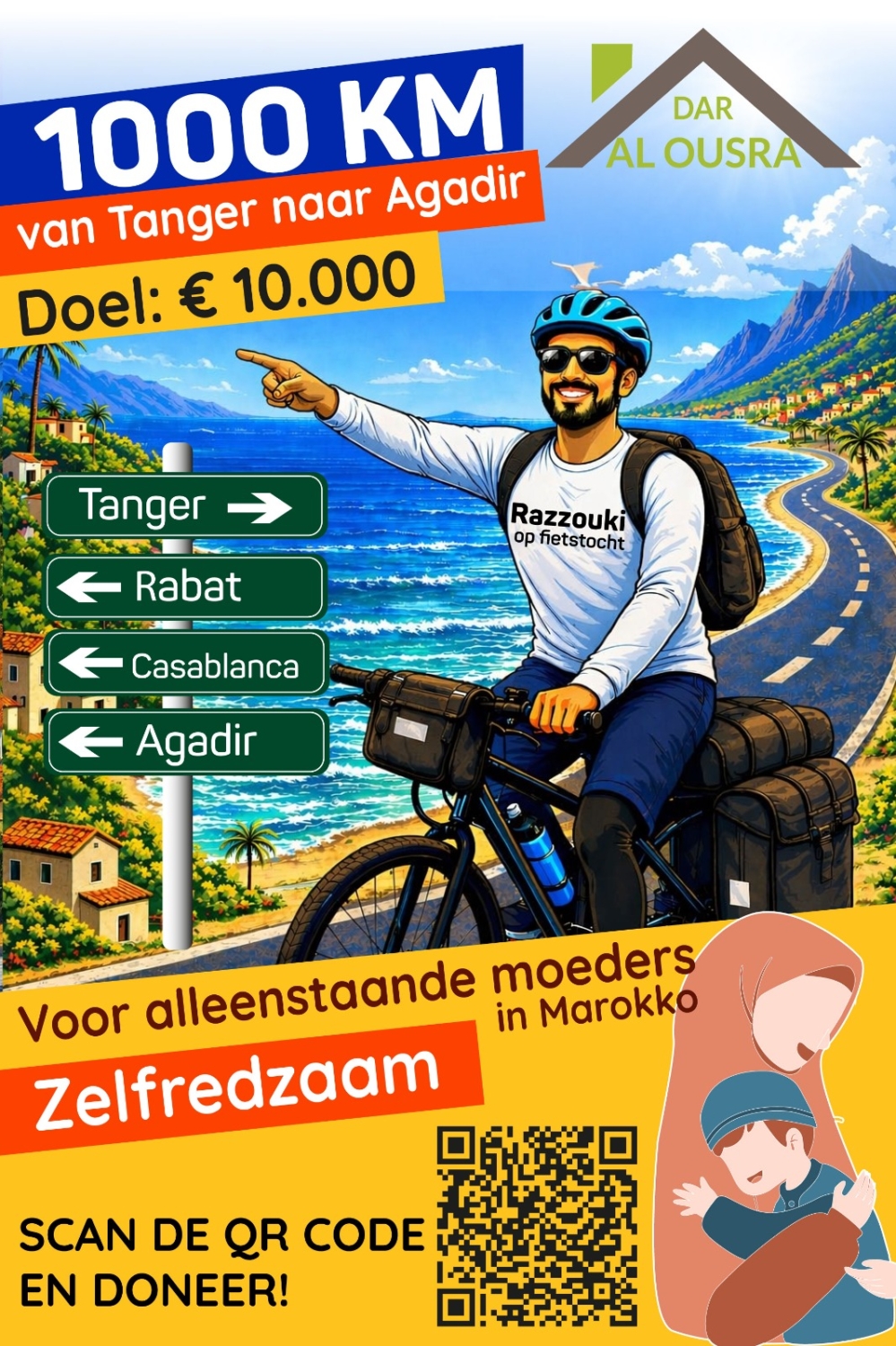 Flyer razzoukiopfietstocht: 1000 km fietsen voor moeders in het Rif-gebied